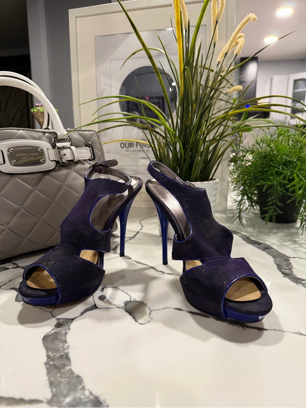 Shoe Dazzle Deep Purple Suede Open-Toe Slingback Stilettos
